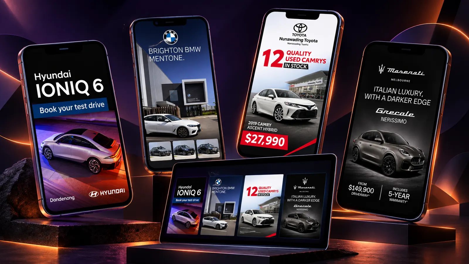 Dealership campaign creative for Hyundai, BMW, Toyota and Maserati shown across phones and tablet