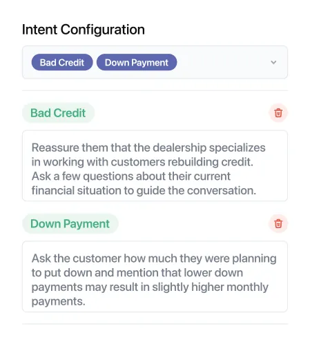 AI Chat intent configuration screen