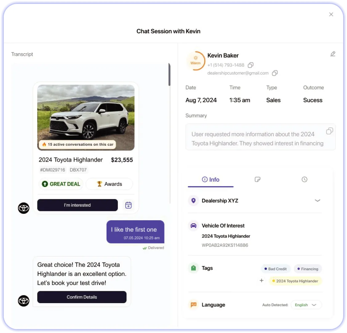 Chat session summary with vehicle, appointment and customer details