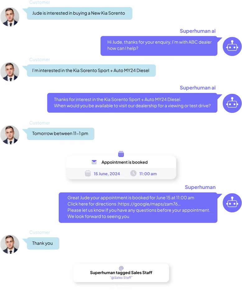 Example Matador AI conversation booking a test drive with a customer